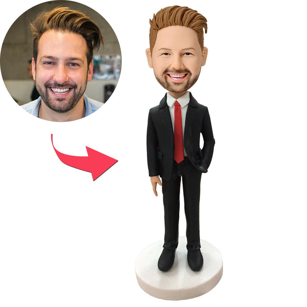Custom Male Executive in Red Tie Business Gift Bobblehead With Engraved Text